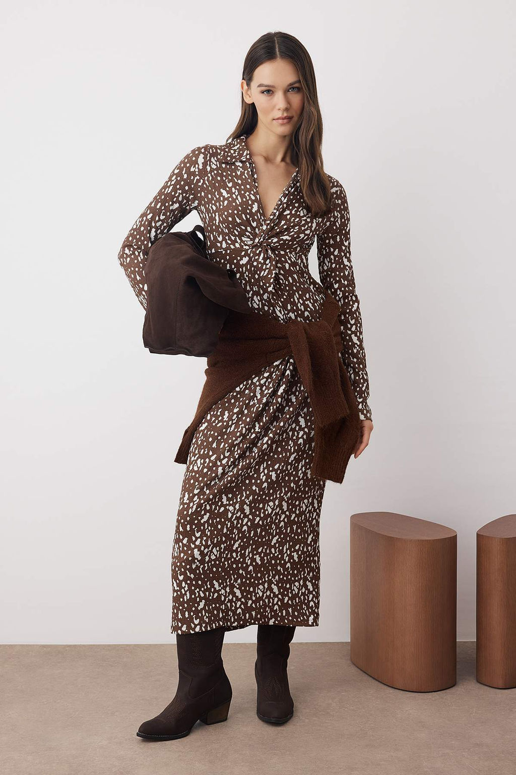 Kahverengi Bask?l? Buzgu / Drape Maxi Orme Elbise TWOAW26EL00194