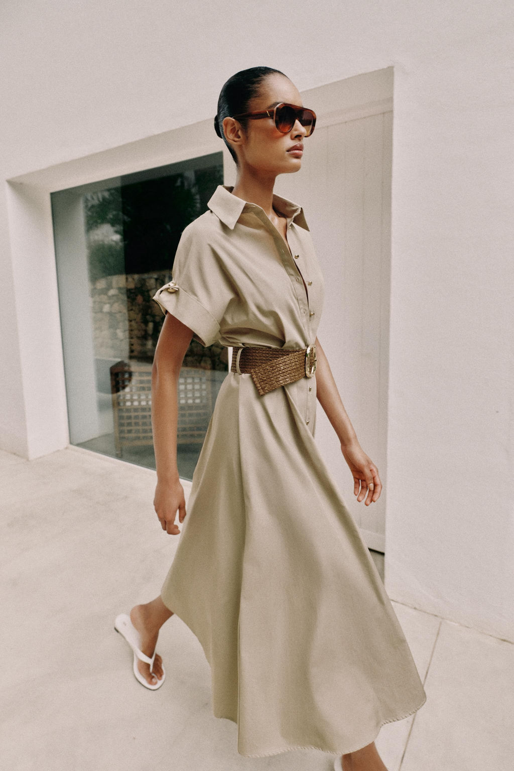 VESTIDO MIDI POPEL?N CINTUR?N / Beige claro - Zara фото 4