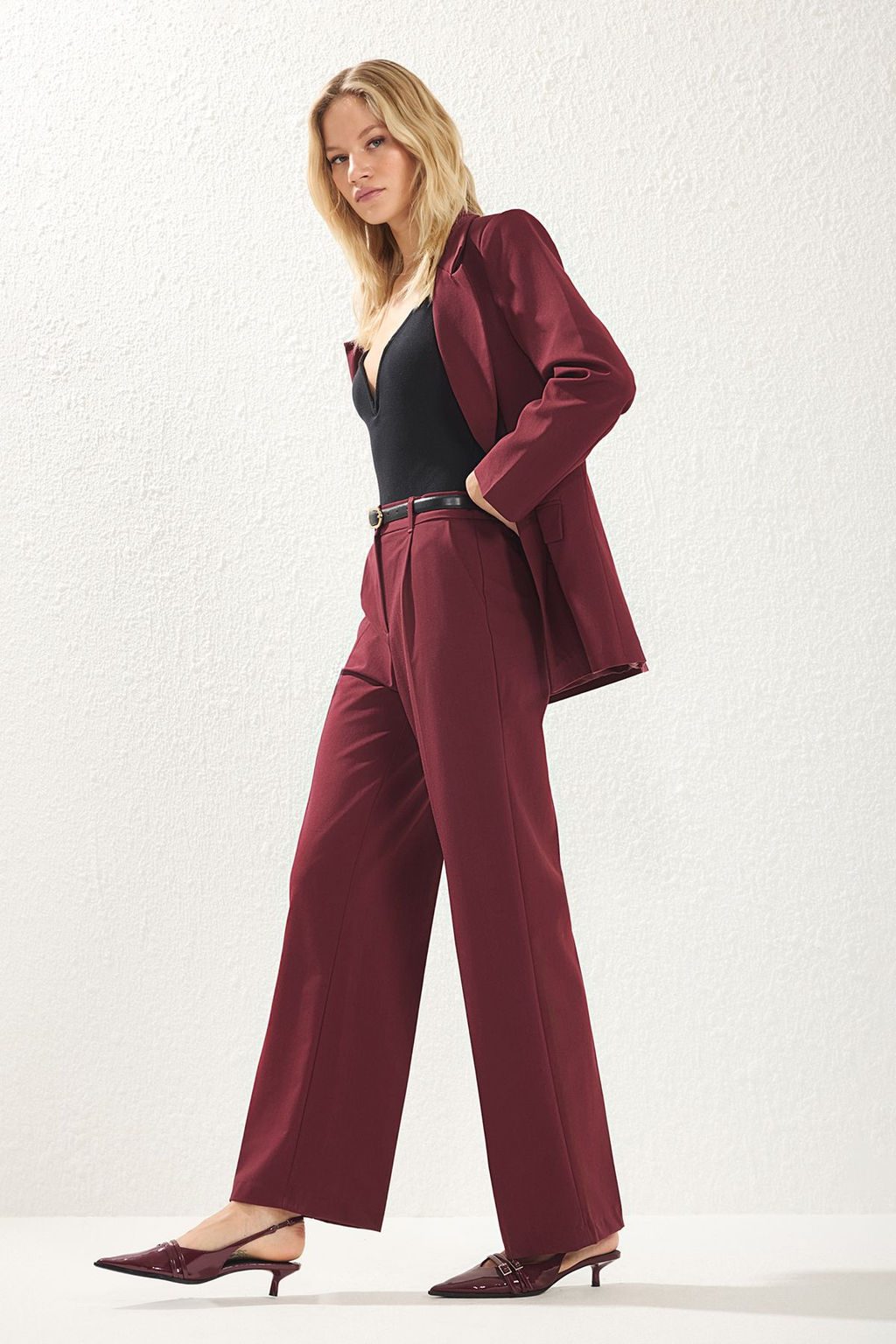 Bordo Pilili Wide Leg/Genis Paca Dokuma Pantolon TWOAW25PL00113