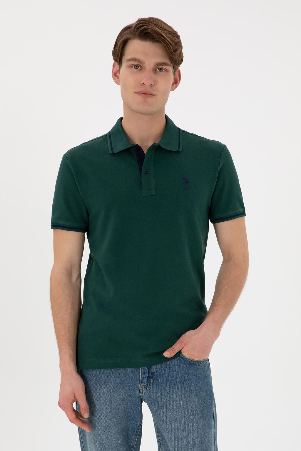 Erkek Slim Fit Polo Yaka Koyu Ye_il Basic Ti__rt Sepette S_rpriz _ndirim