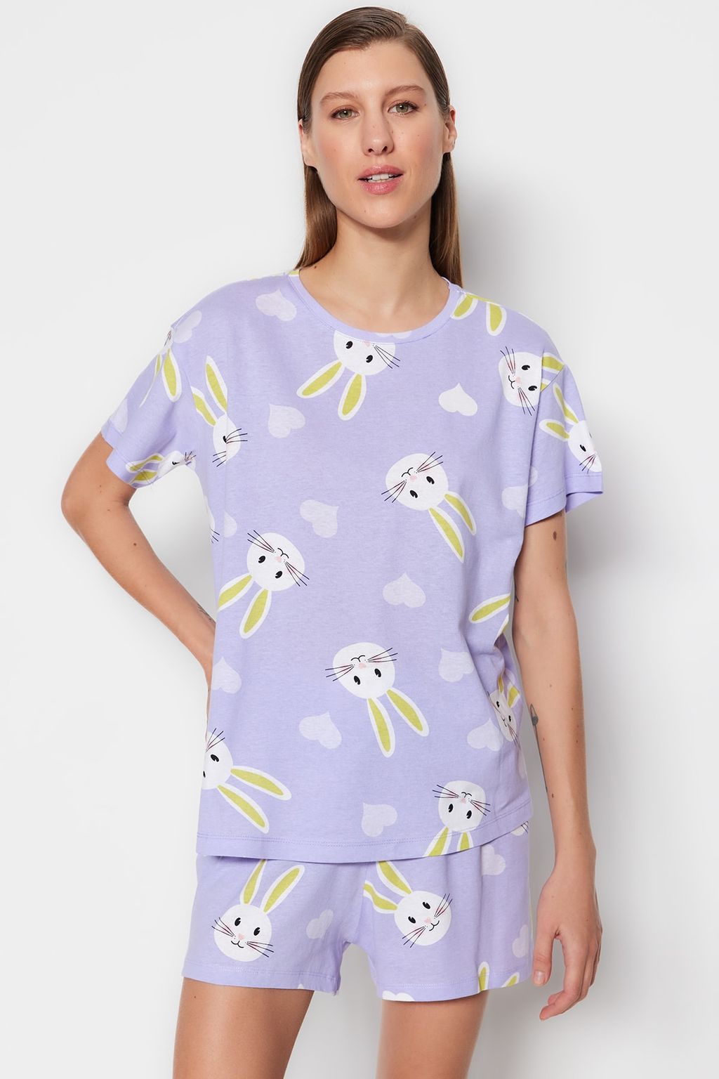 Trendyolmilla Ekru %100 Pamuklu Ay?c?kl? Sortlu Orme Pijama Tak?m? THMSS23PT00005  фото 20