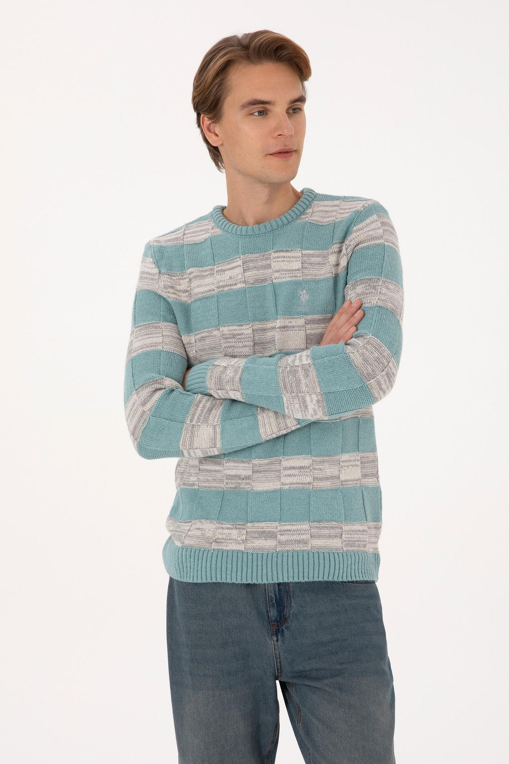 Erkek Regular Fit Bisiklet Yaka Mint Kazak