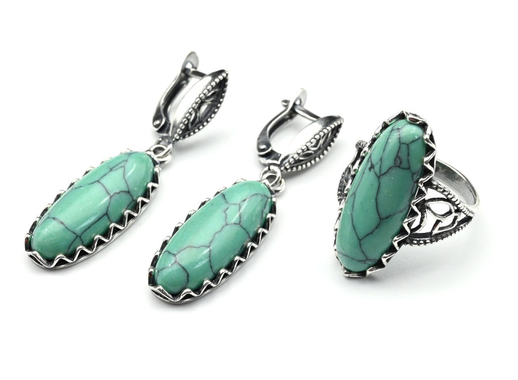 Кольцо Серьги с бирюзой (имитация) размер 17