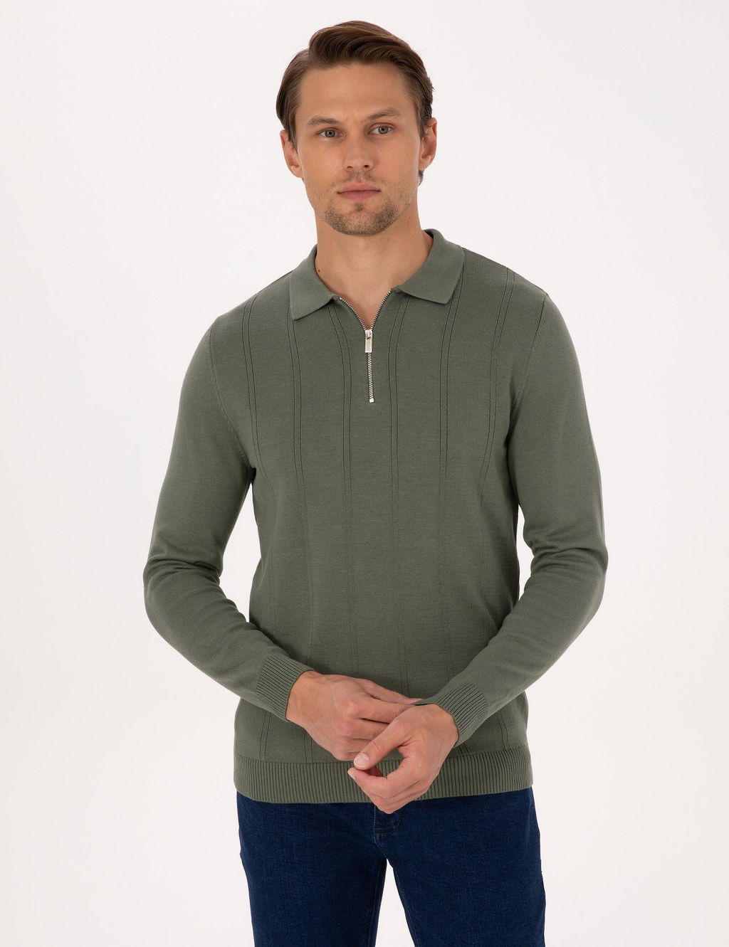 Duman Slim Fit Polo Yaka Fermuarl_ Triko Kazak