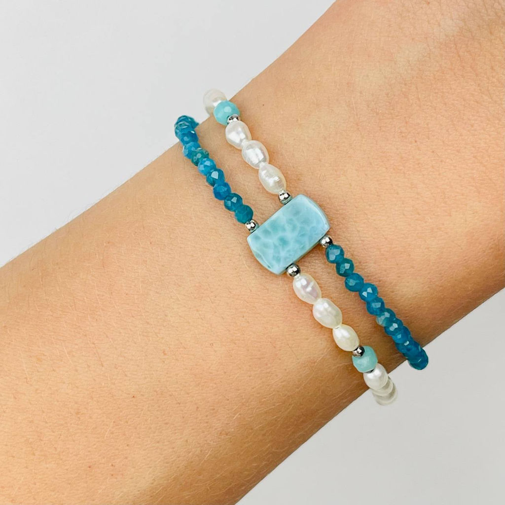 Браслет двойной из Апатиат,Жемчуга и Ларимара 17 см +