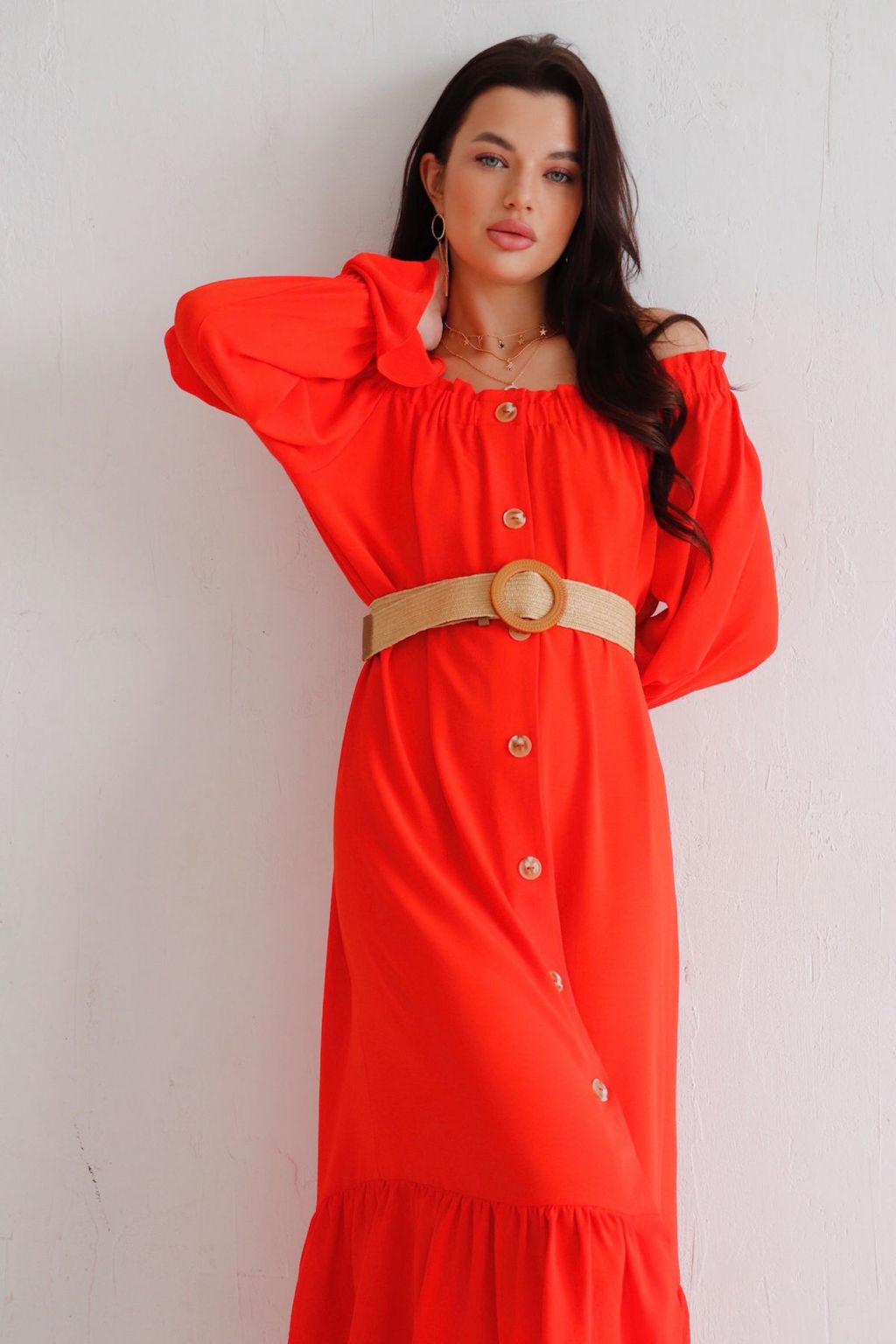 Длинное платье с открытыми плечами красное - Martichelli фото 19