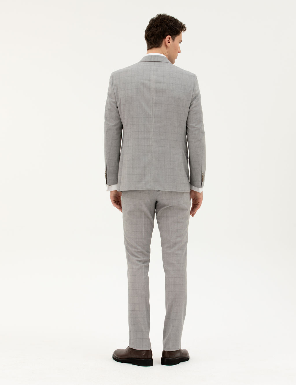 Gri Slim Fit %100 Y_n Ekose Tak_m Elbise