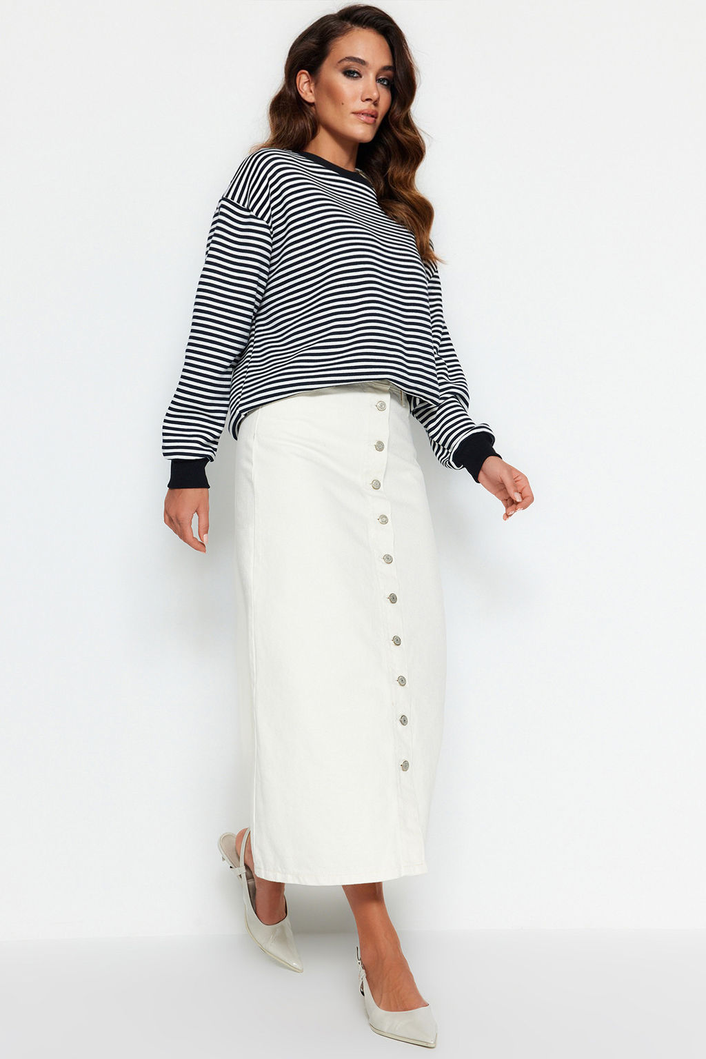 TRENDYOLMILLA Ekru Dugme Kapamal? Denim Kot Etek TCTSS23EE00024  фото 11