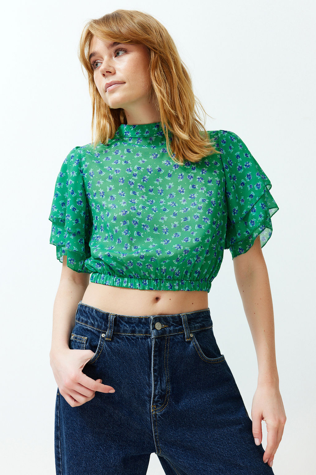 Trendyolmilla Cok Renkli Crop Cicek Desenli Dokuma Bluz TWOSS20BZ1657  фото 10