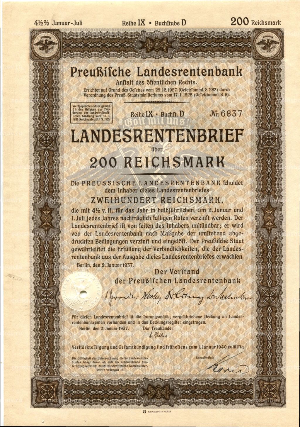 Облигация 4,5% 200 рейхсмарок 1937 года Германия