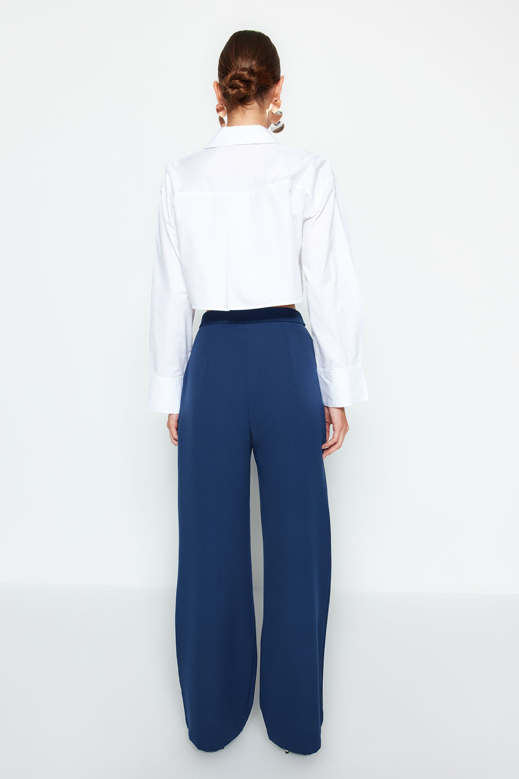 Lacivert Wide Leg Genis Paca Yuksek Bel Dokuma Kumas Pantolon TWOAW22PL0066