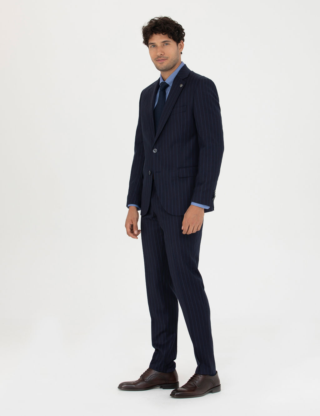 %100 Y_n Lacivert _izgili Ekstra Slim Fit Tak_m Elbise