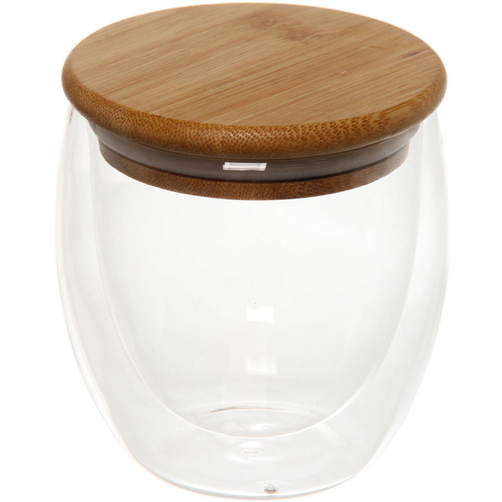 Стакан стеклянный с двойными стенками 250мл "Хай-Тек" с бамбуковой крышкой