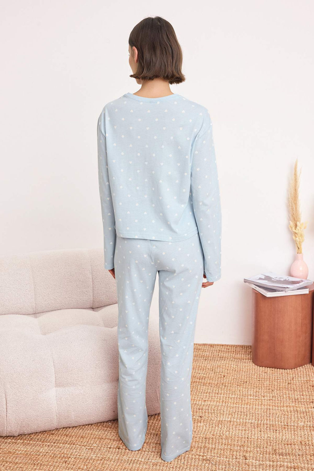 Ac?k Mavi %100 Pamuklu Puantiye ve Kalpli Orme Pijama Tak?m? THMAW25PT00039