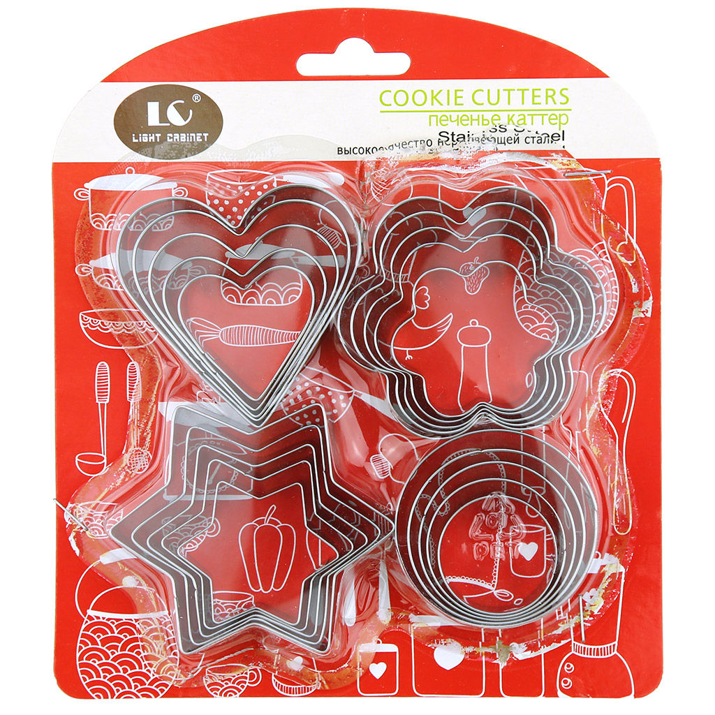 Форма для печенья из нержавеющей стали набор 20 штук: сердечко - 5 штук: от 3,5х3,5см до 6,5х6см; цветок - 5 штук: от д4,4см до д7см; круг - 5 штук: от д3см до д5см; звездочка - 5 штук: от д4,4см до д7,5см, h1,7см, в блистере (Китай) - Домашняя мода фото 2