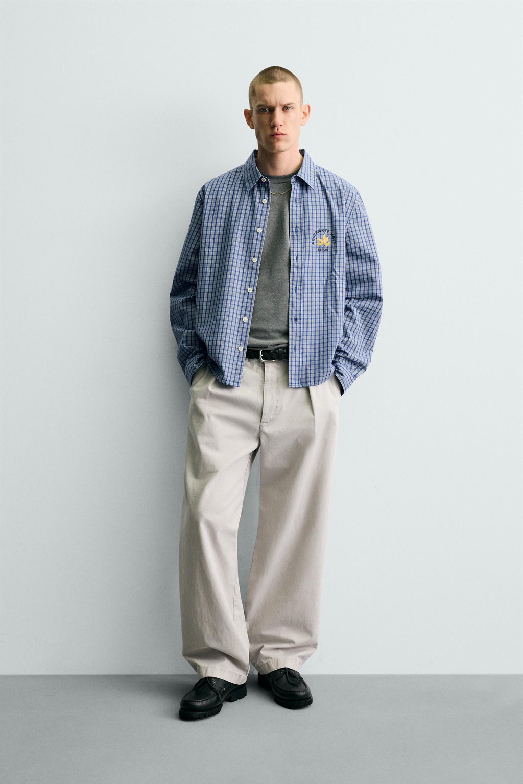 CAMISA CROPPED FIT CUADROS ESTAMPADO BORDADO / Azul