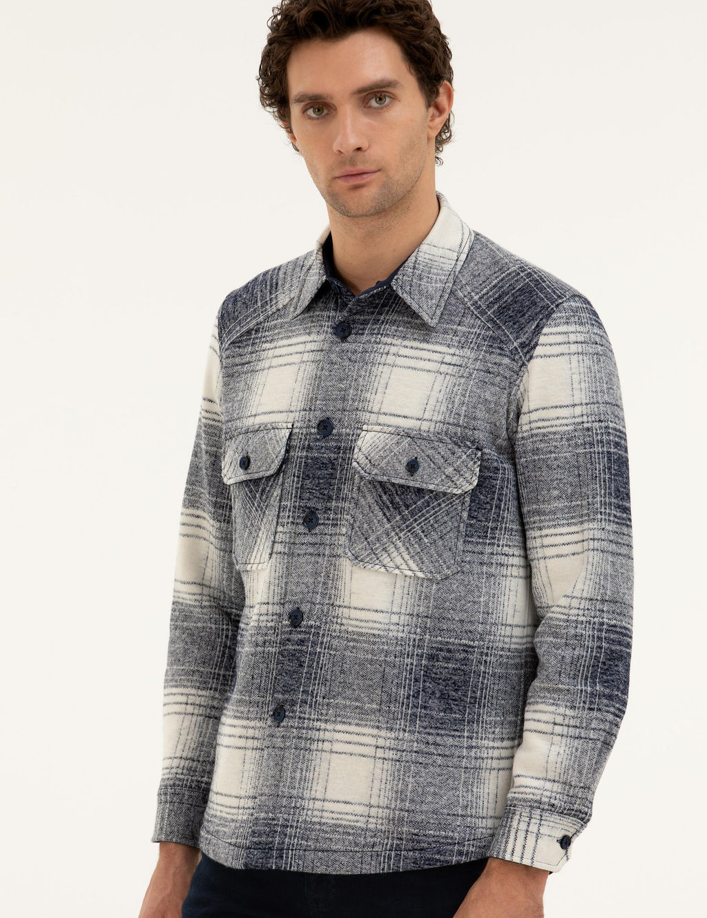 Темно-синяя рубашка-рубашка в клетку из смесовой шерсти - Cacharel фото 3