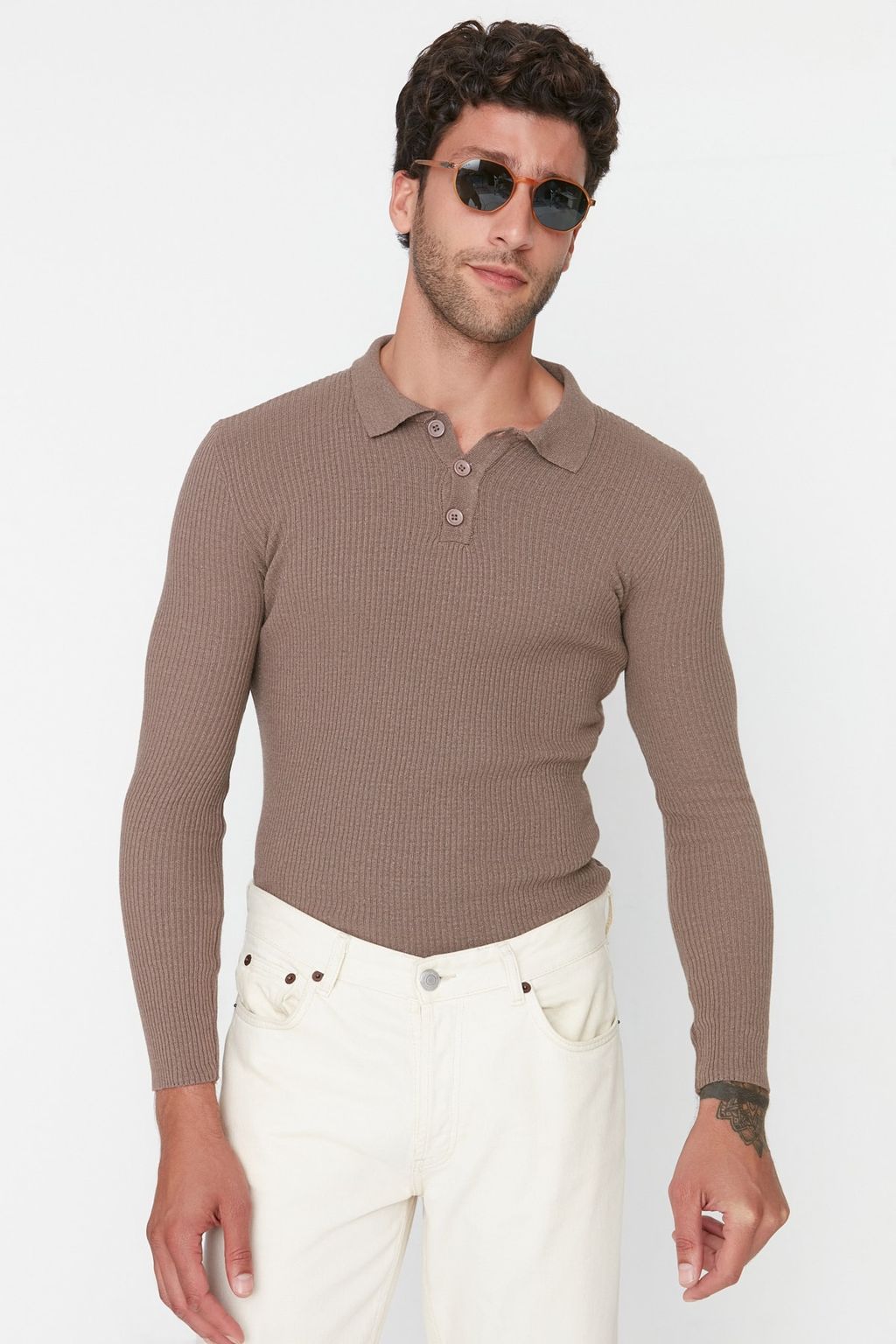 Trendyolmilla Man Haki Fitted Dar Kal?p Pamuklu Polo Yaka Dugmeli Fitilli Orgu Kazak TMNAW21KZ0567 фото 3