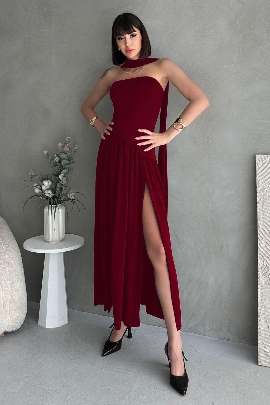 Bordo A Kesim Sal Detayl? Straplez Maxi S?k Abiye Gece Mezuniyet Elbisesi TPRSS25EL00317 - Trendyolmilla фото 6