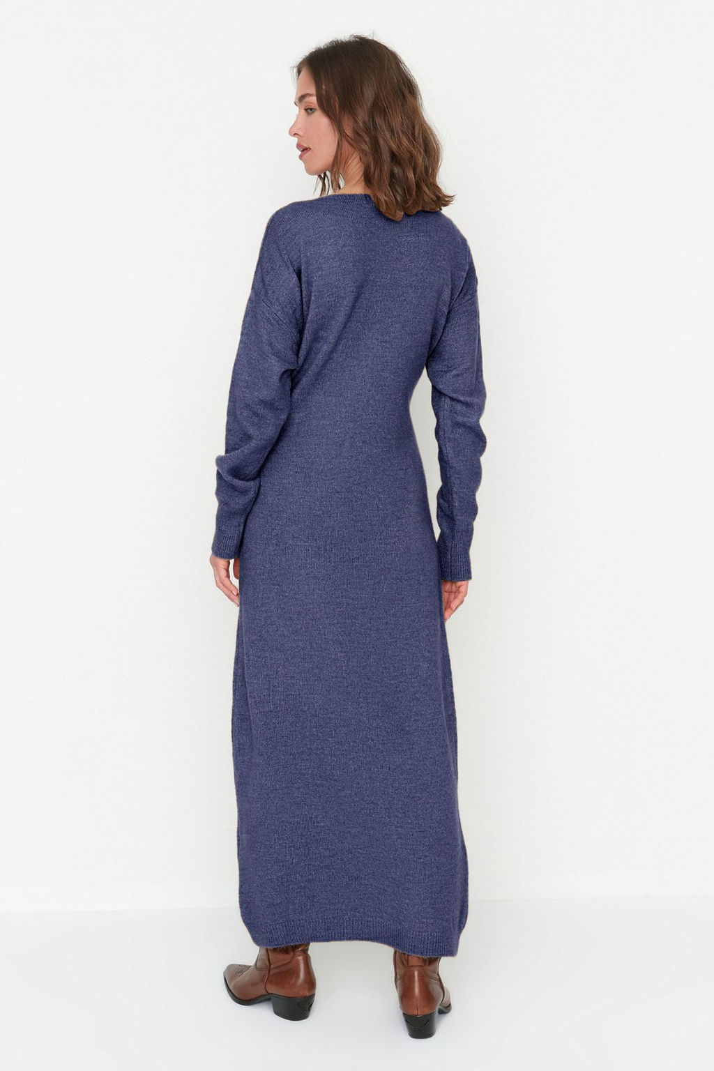 TRENDYOLMILLA Camel Yumusak Dokulu Midi Triko Kruvaze Yaka Baglama Detayl? Elbise TWOAW21EL0260  фото 27