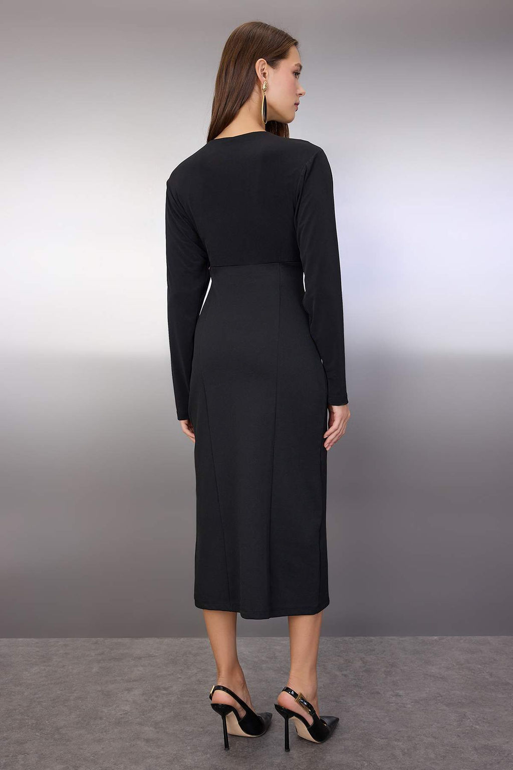 Siyah Duz Ustu Dokumlu Bodycon Midi Orme Elbise TWOAW26EL00200 - Trendyolmilla фото 4