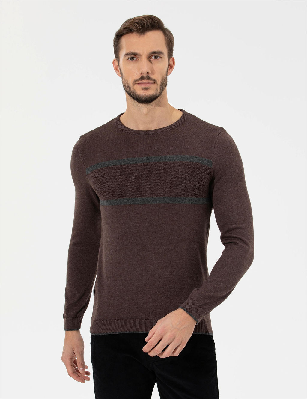 A__k Kahverengi Slim Fit Bisiklet Yaka Triko Kazak - Pierre cardin фото 3