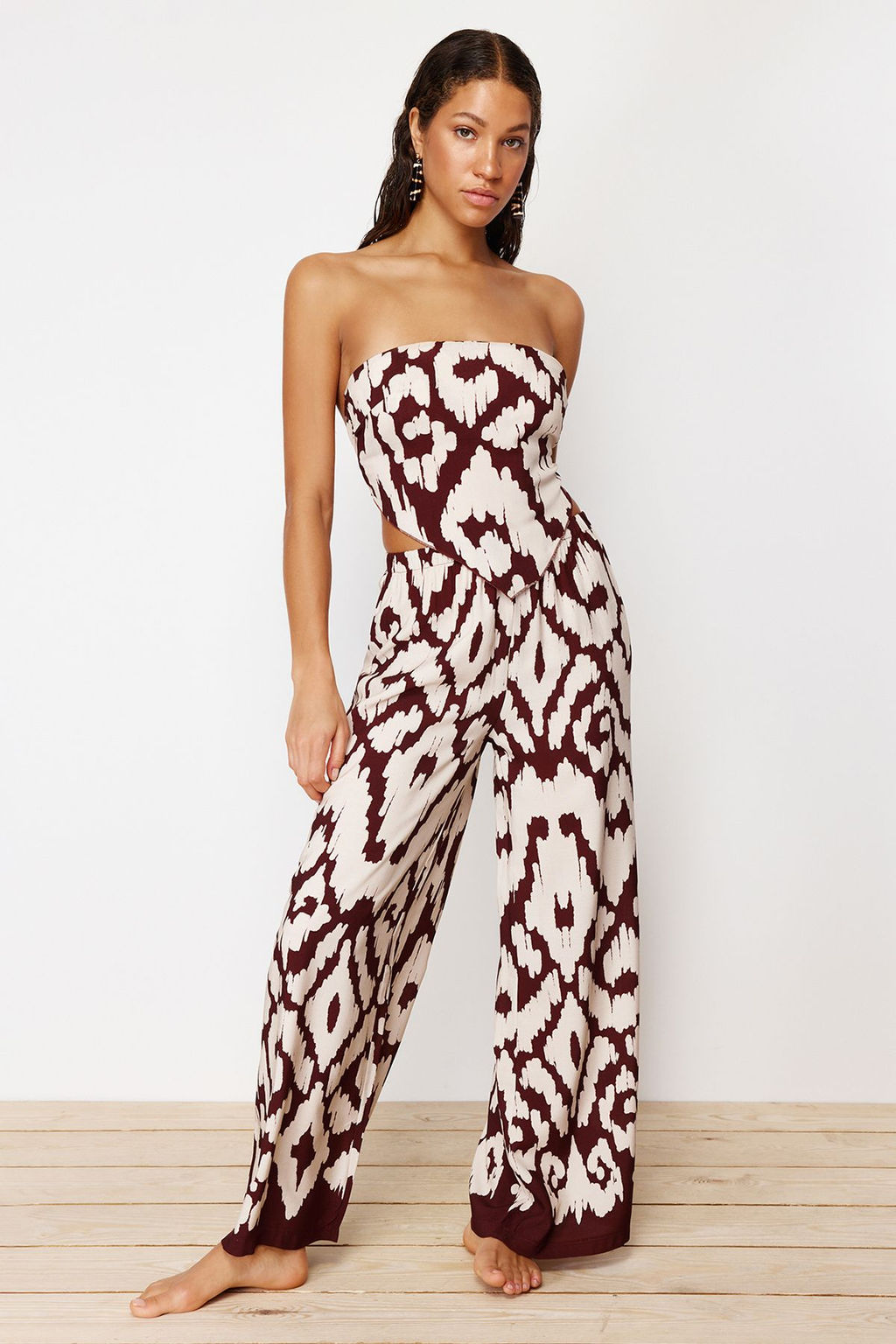 Etnik Desenli Desenli Dokuma Straplez Bluz Pantolon Plaj Tak?m TBESS24AU00017