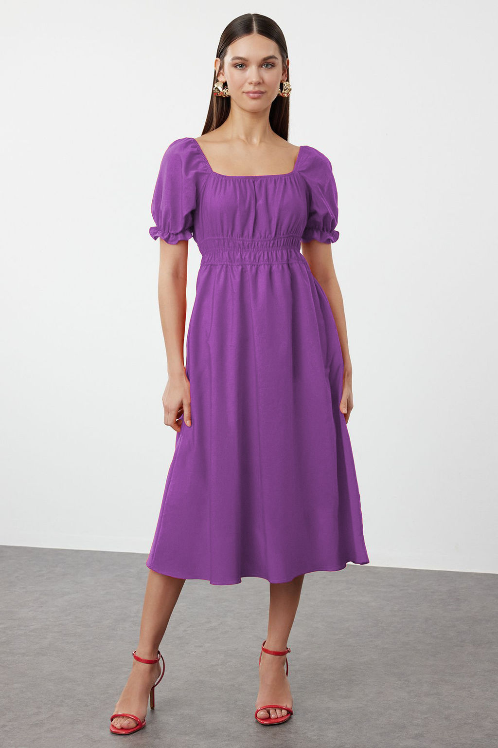 TRENDYOLMILLA K?rm?z? Belden Ac?lan Balon Kollu Midi Dokuma Elbise TWOSS22EL1768 фото 25