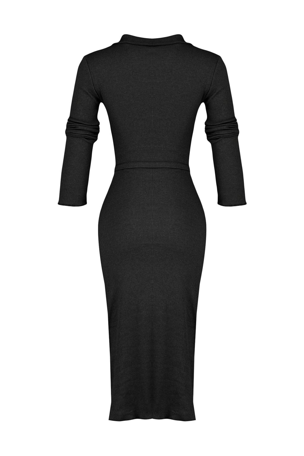 Trendyolmilla Siyah Vucuda Oturan Uzun Kol Polo Yaka Fitilli Dugmeli Esnek Midi Orme Elbise TWOAW23EL00115 фото 10