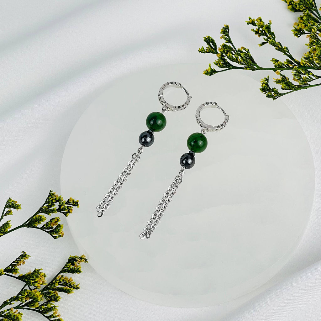 Серьги длинные из Нефрита и Гематита 65 см
