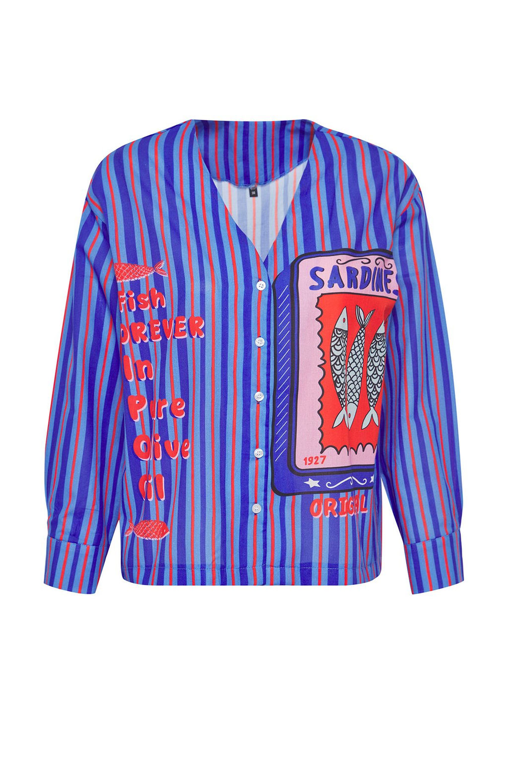 Trendyolmilla Bal?k Ve Cizgi Desenli Dokuma 100% Pamuk Plaj Gomlek TBESS25GO00018  фото 7