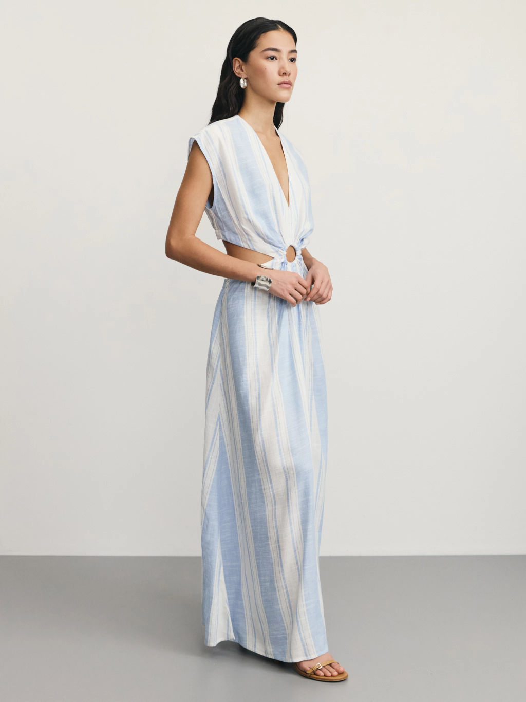 Платье из вискозы и льна в полоску / Zarina  фото 2