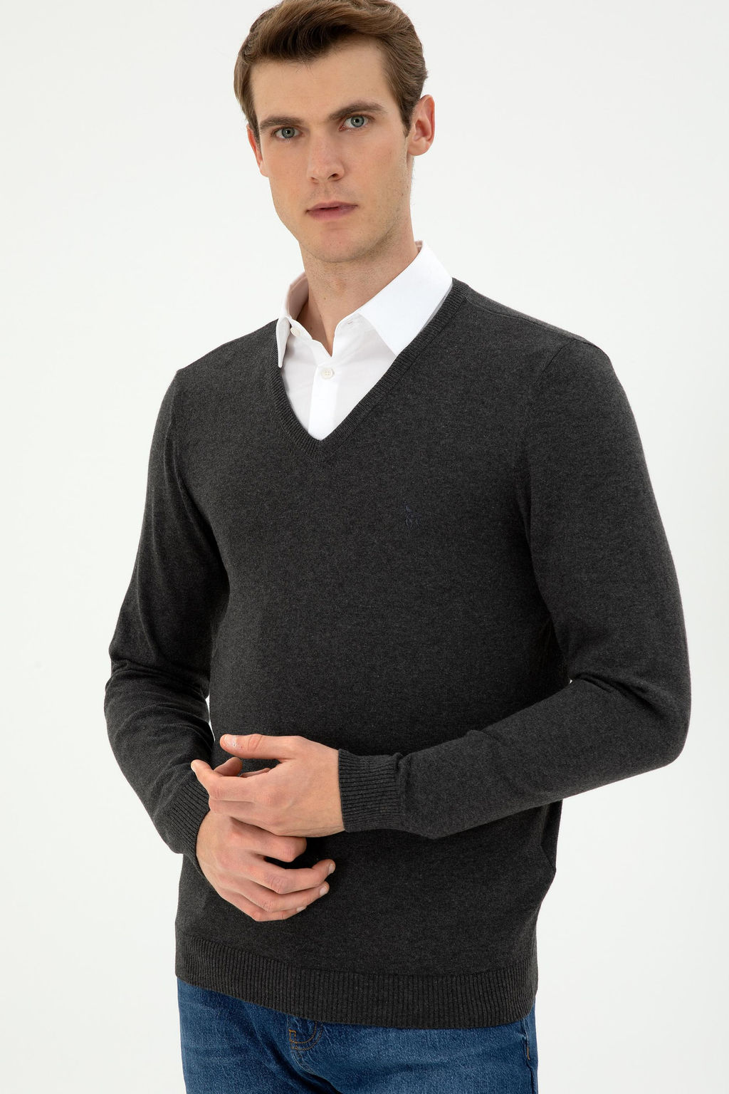 Erkek Slim Fit V Yaka Antrasit Melanj Basic Kazak - U.s. polo assn фото 3