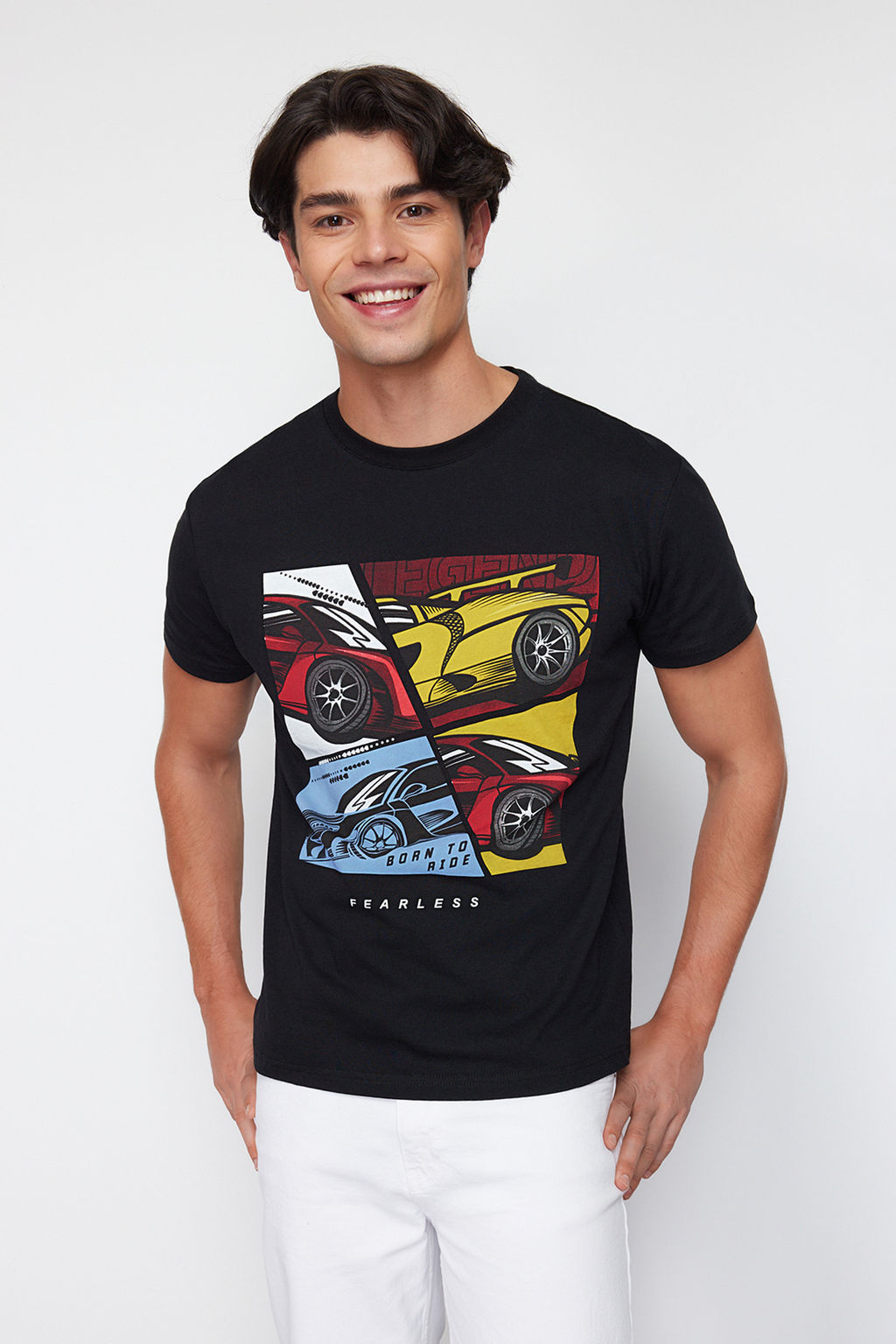 Siyah Araba Bask?l? Oversize/Genis Kesim T-Shirt TMNSS24TS00205