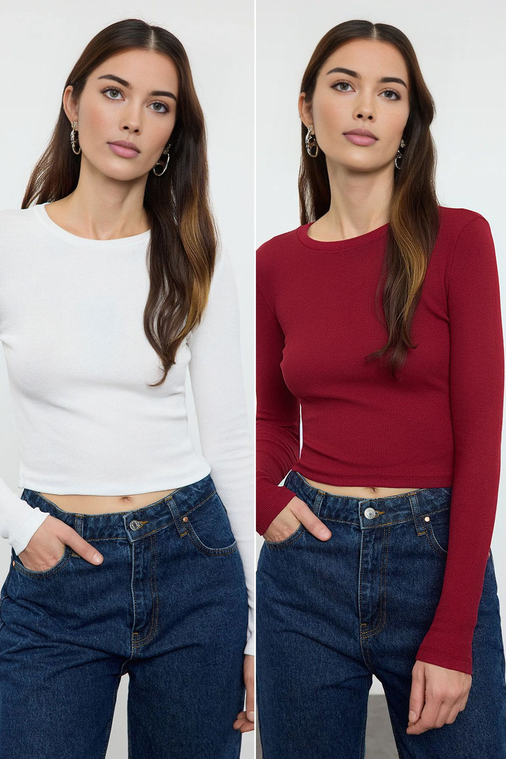 Ekru-Bordo li Paket Vucuda Oturan Bisiklet Yaka Fitilli Crop Esnek Orme Bluz TWOAW22BZ0331