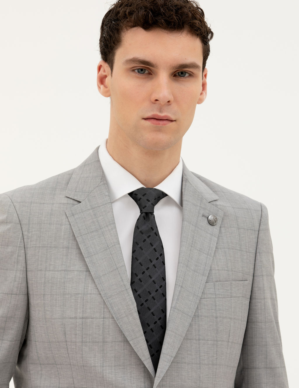Gri Slim Fit %100 Y_n Ekose Tak_m Elbise