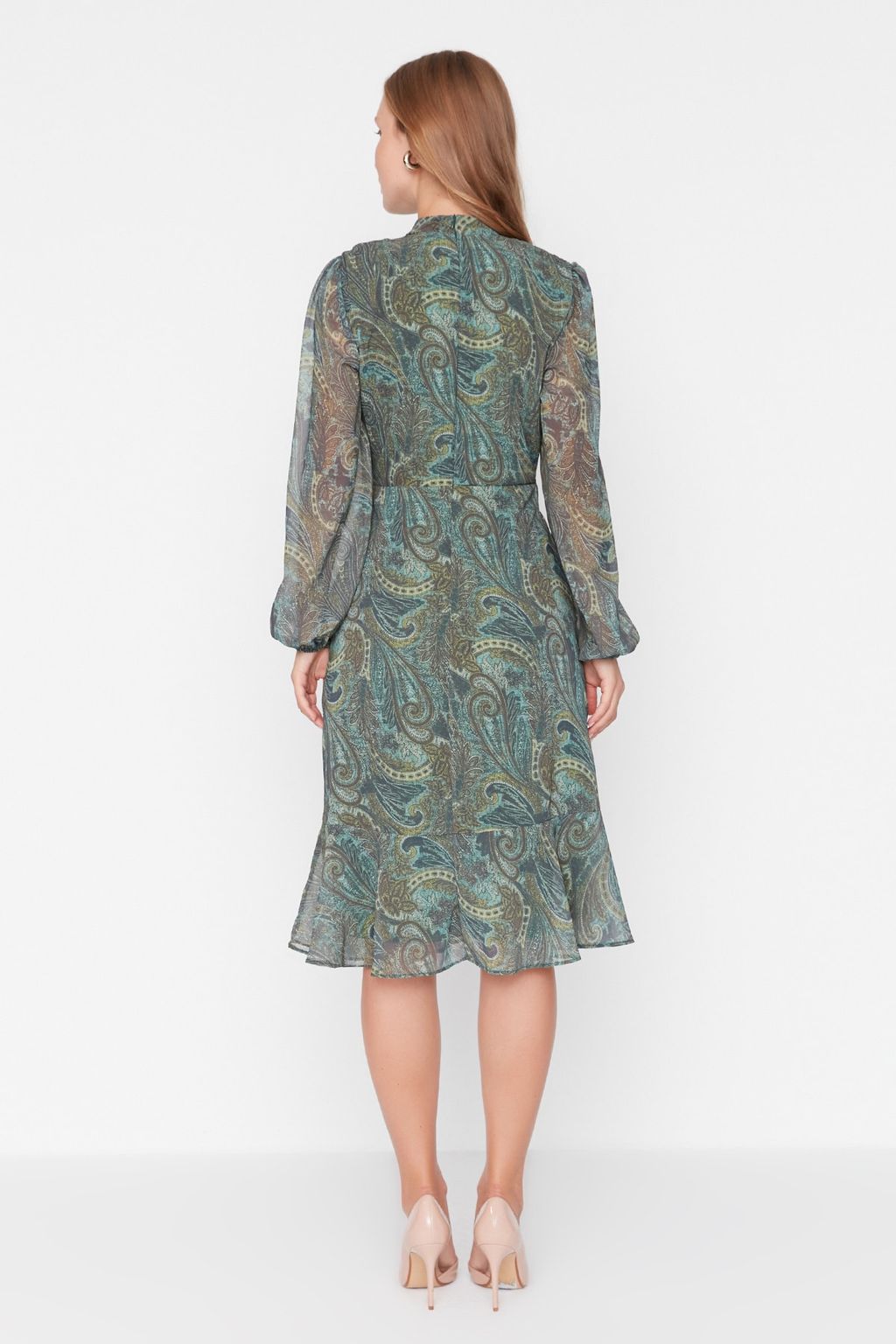 TRENDYOLMILLA Yesil Sal Desenli Volanl? Dokuma K?sl?k Elbise TWOAW23EL01436 фото 13