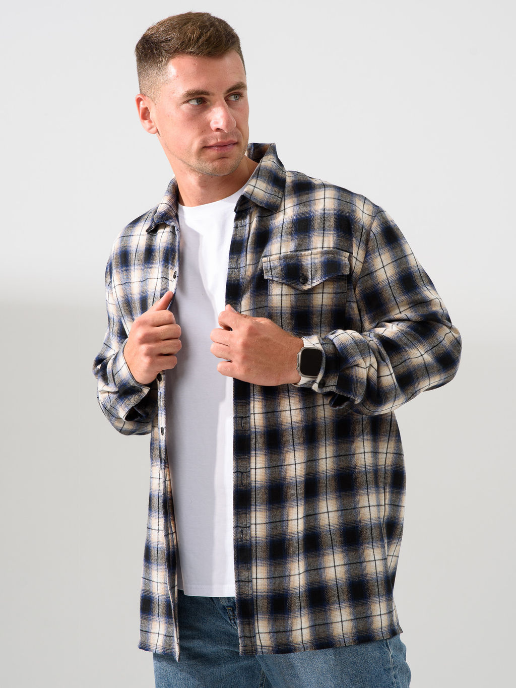 Рубашка Оптима Имидж фланель клетка темно-синий  фото 4