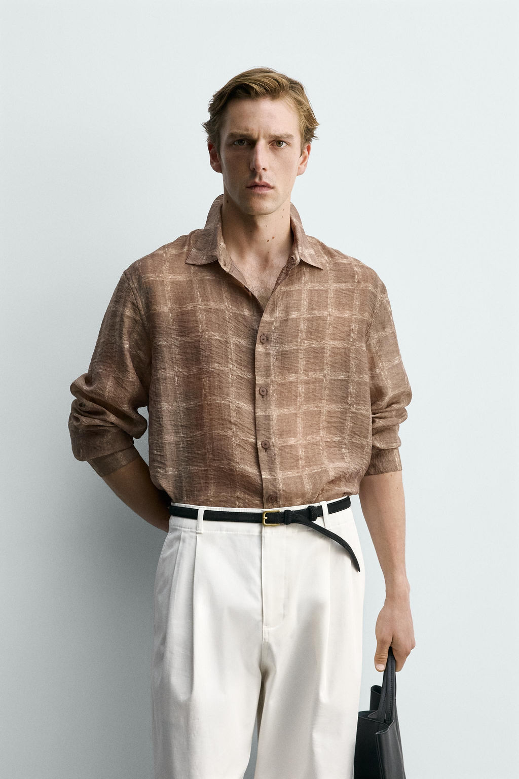 CAMISA SEMITRANSPARENTE CUADROS / Tostado
