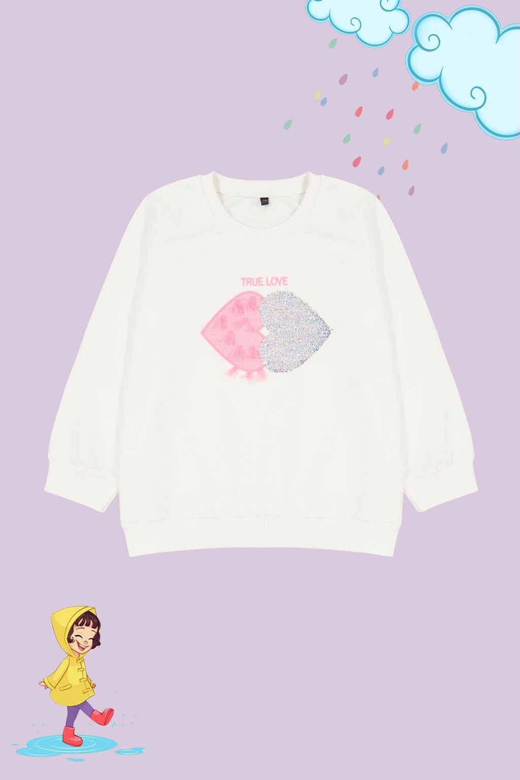 Ekru*004 K?z Cocuk Mevsimlik-Ince Kalp Desenli Orme Sweatshirt TKDAW25SW00001