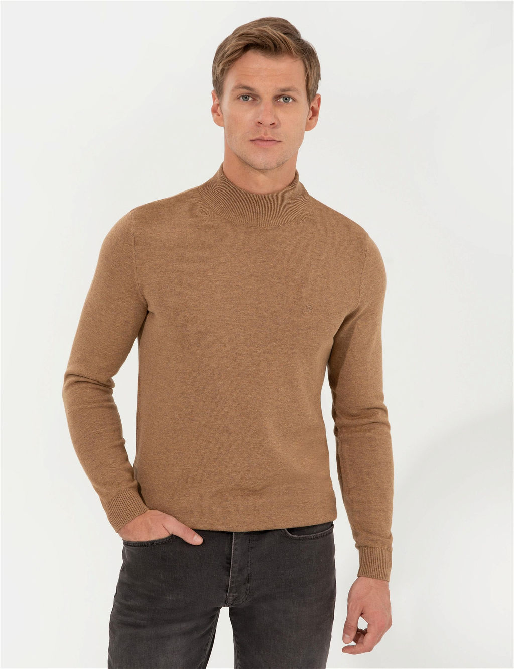 Camel Melanj Slim Fit Yar_m Bal_k__ Yaka Basic Triko Kazak