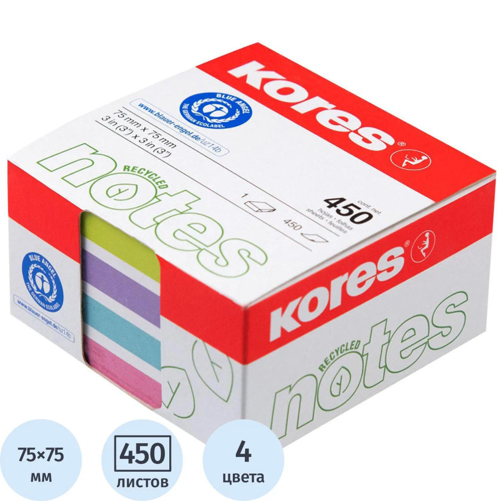 Стикеры Kores CUBO пастельный бум.для зам. 75х75 450л в карт кор 4цв 47463  фото 2