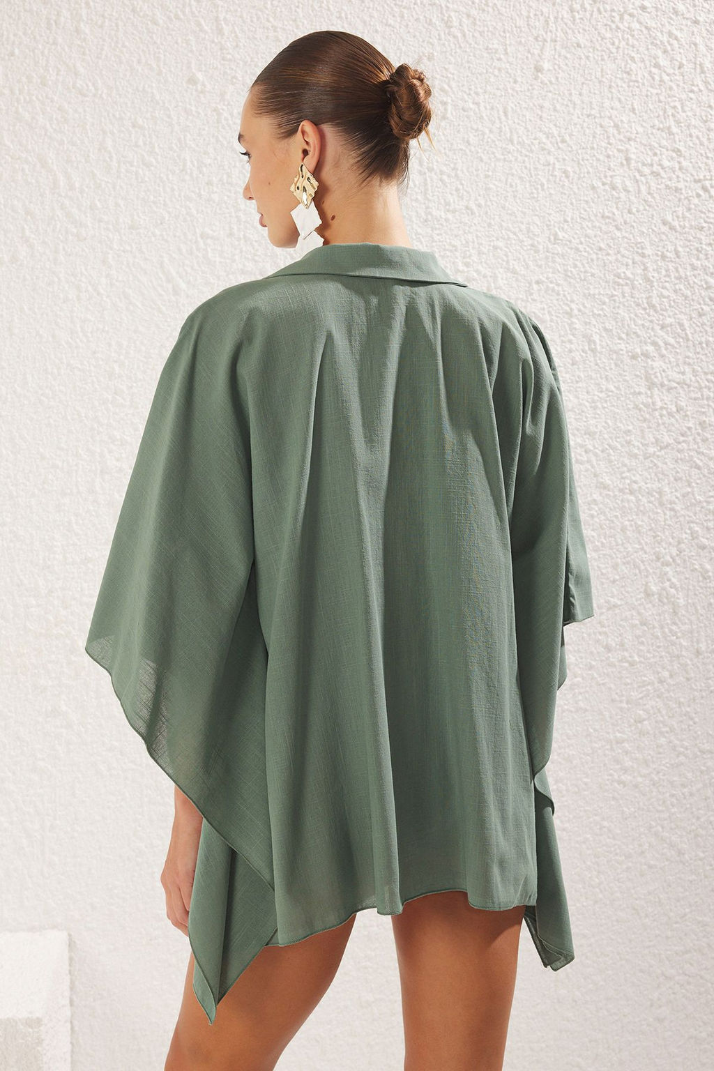 Haki Dokuma Baglama Detayl? Maxi Plaj Gomlek TBESS25GO00010