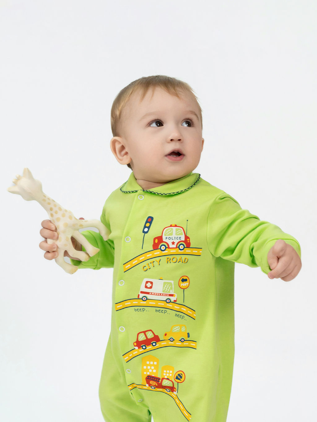 Комбинезон ясельный салатовый принт спецмашины