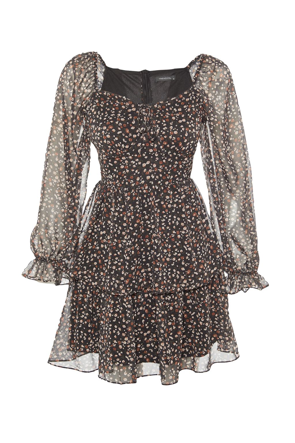 Siyah Cicek Desenli Belden Ac?lan Volanl? Astarl? Dokuma Elbise TWOAW23EL01455