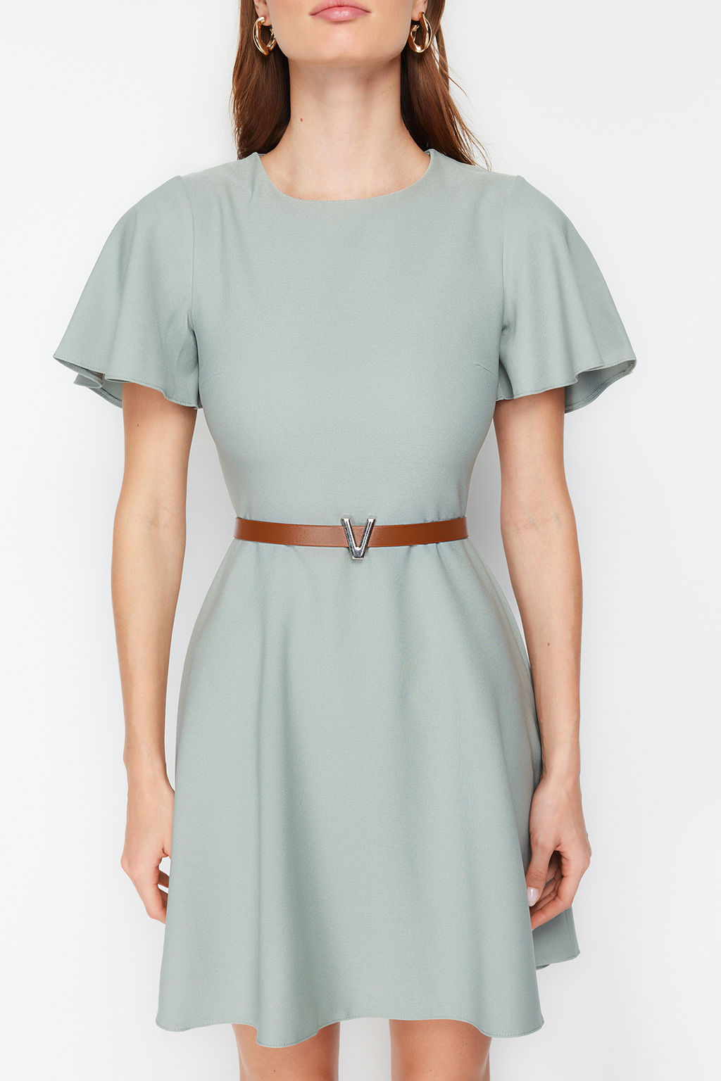 Mint Kemerli Etegi Volanl? Mini Dokuma Elbise TWOSS24EL00603