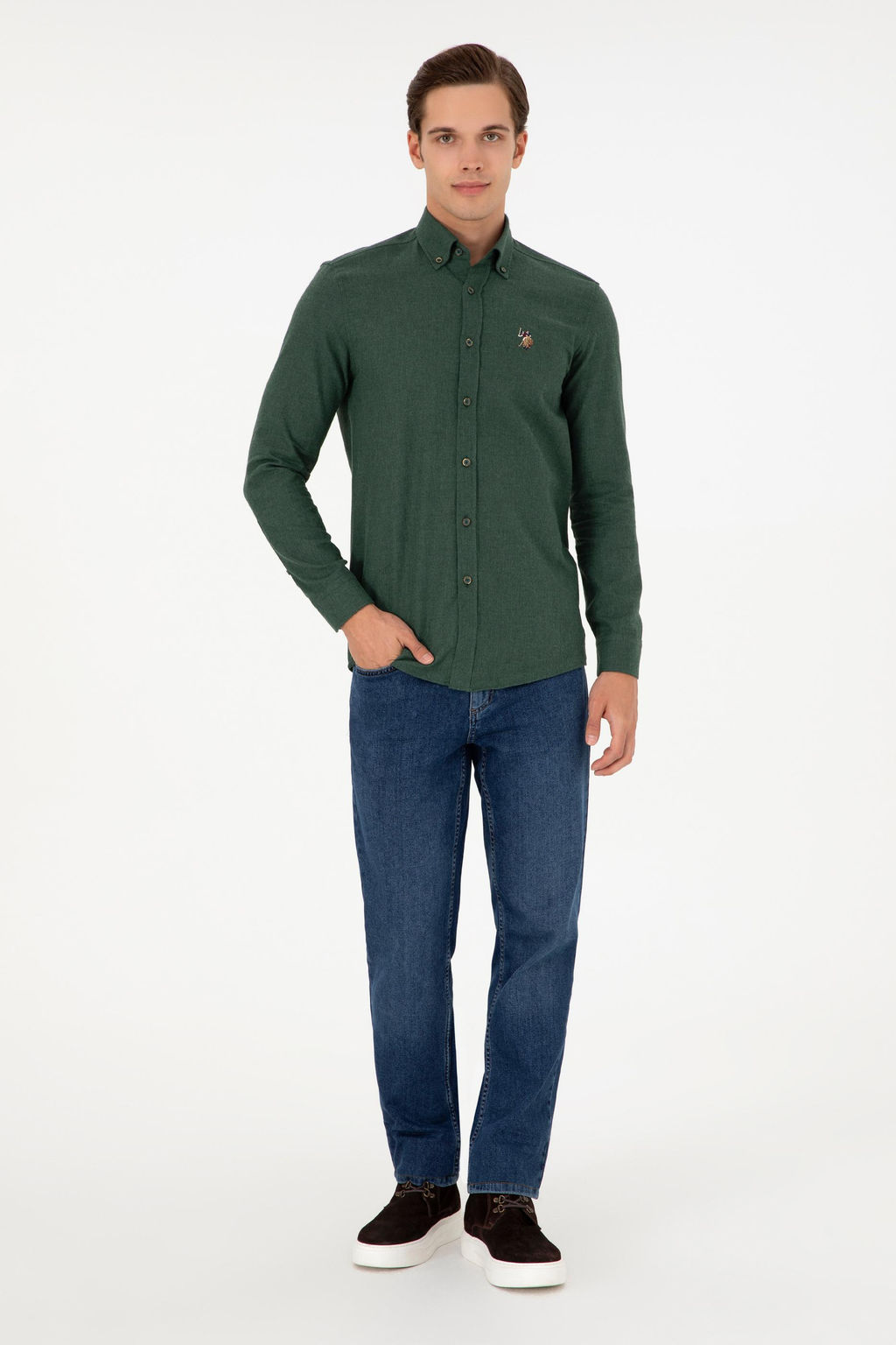 Мужская темно-зеленая базовая рубашка с длинным рукавом Неожиданная скидка в корзине - U.s. polo assn фото 4