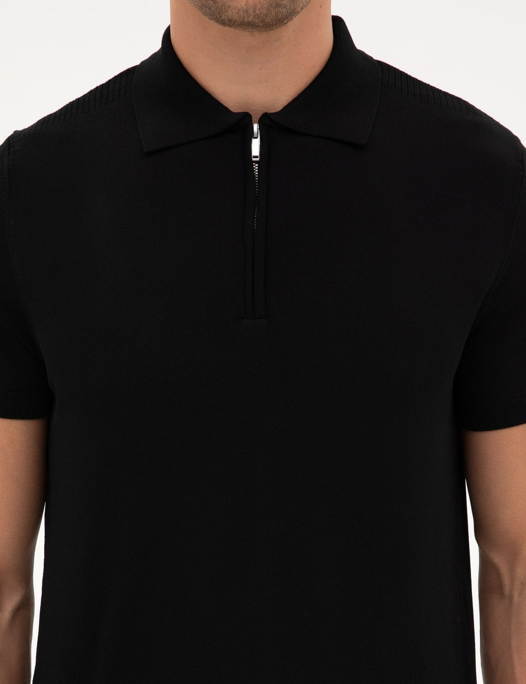 Siyah Slim Fit Fermuarl_ Polo Yaka Triko Kazak