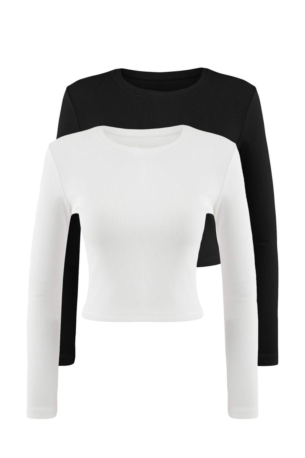 Siyah-Beyaz 2li Paket Fitted/Vucuda Oturan Bisiklet Yaka Crop Fitilli Esnek Orme Bluz TWOAW22BZ0331