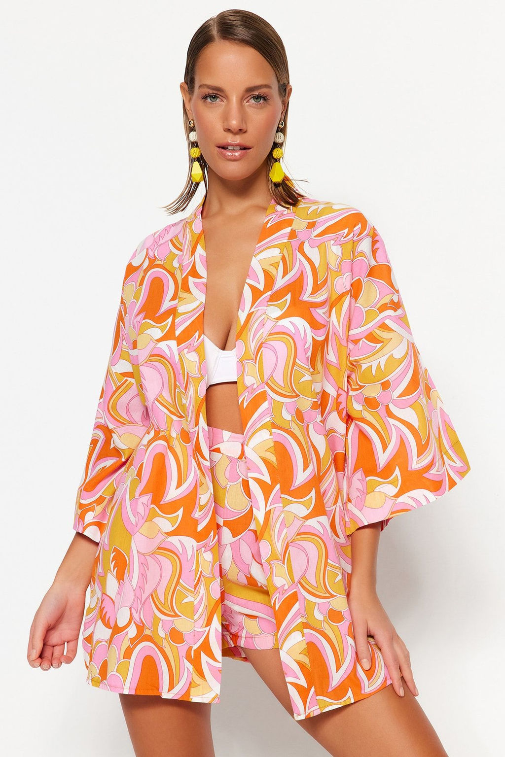 Soyut Desenli Dokuma %100 Pamuk Plaj Kimono&Kaftan TBESS23KM00040